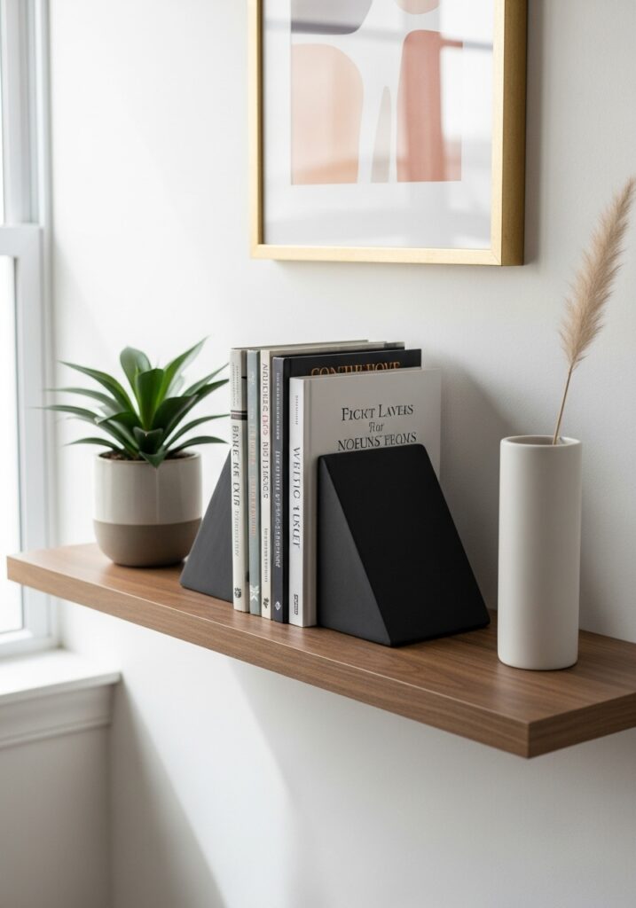 Pair of modern geometric matte black air dry clay bookends holding books on shelf
