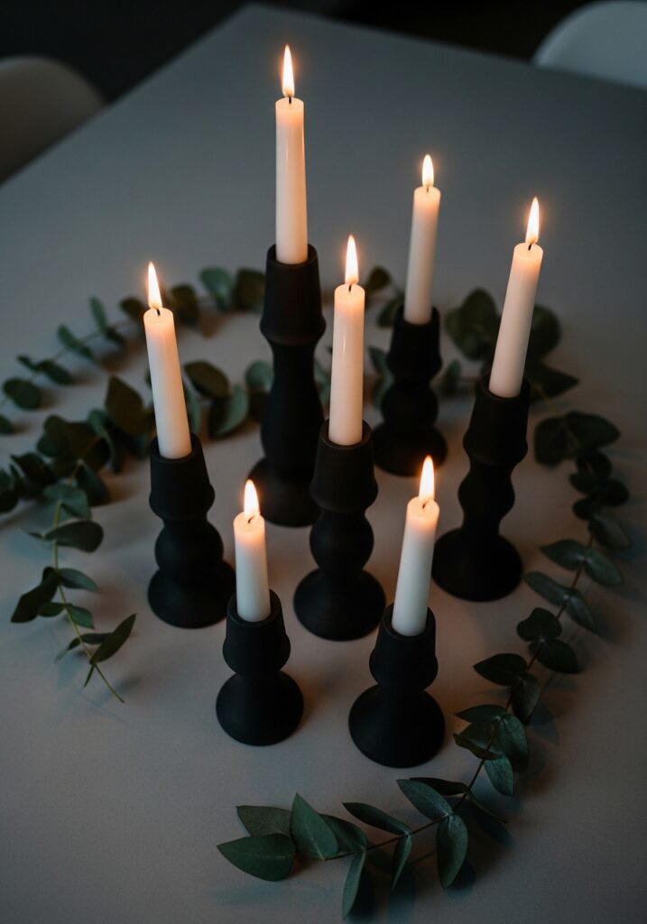 Modern matte black air dry clay candle holders in varying heights with white taper candles