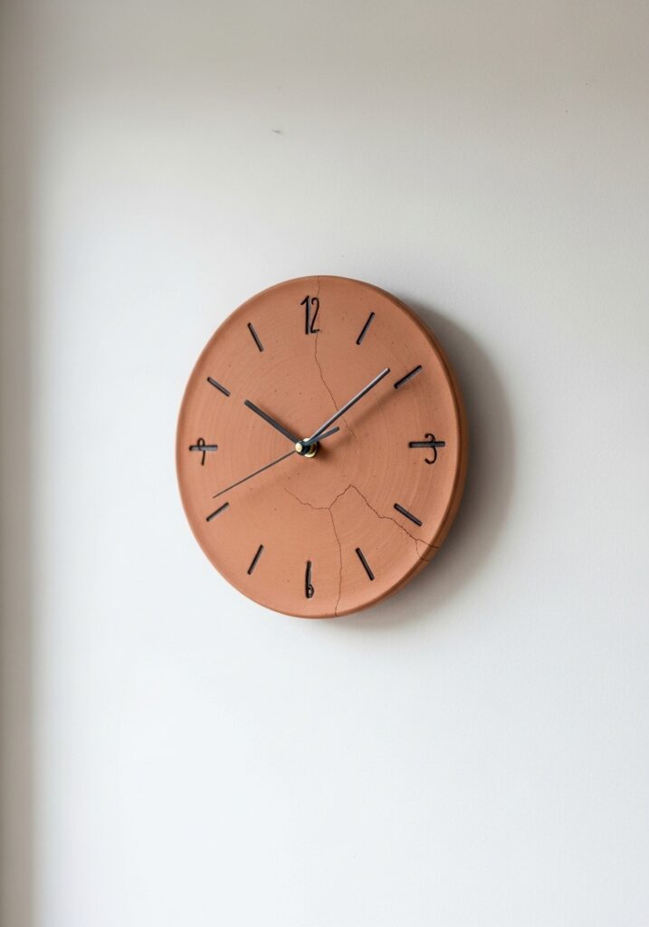 Modern minimalist wall clock with handmade terracotta air dry clay face on white wall