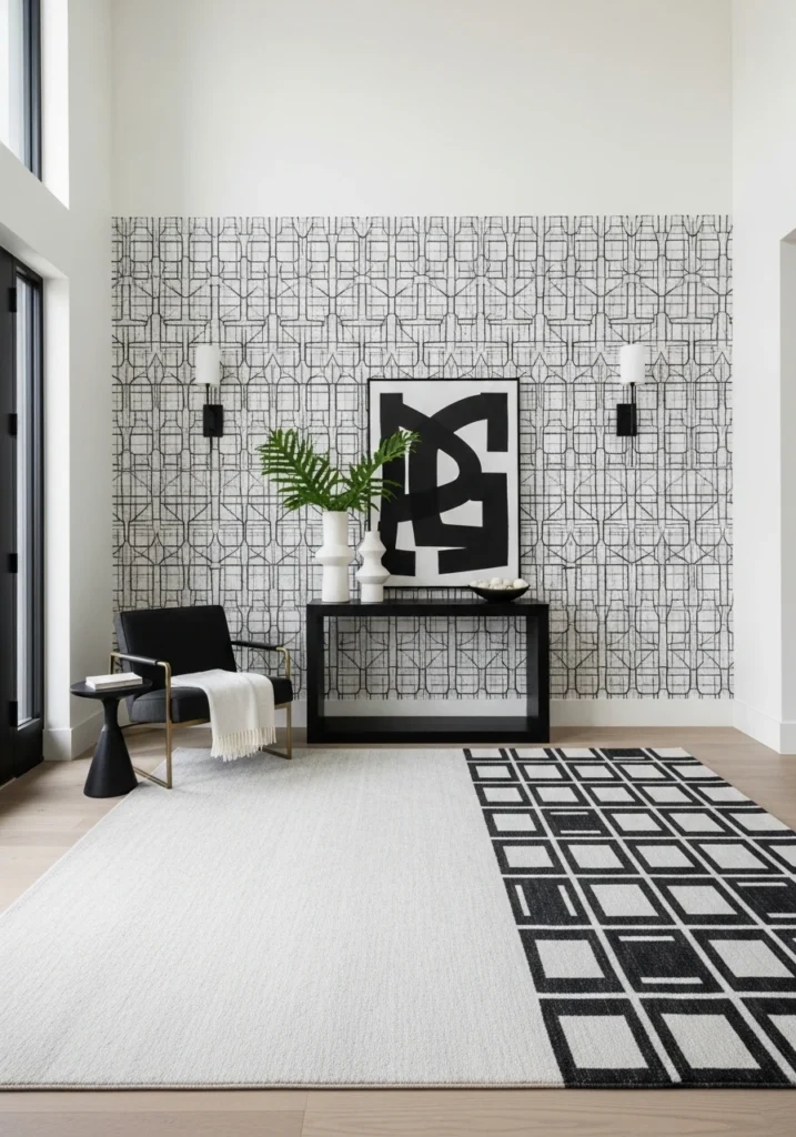 Modern entryway with geometric pattern wallpaper and clean lines