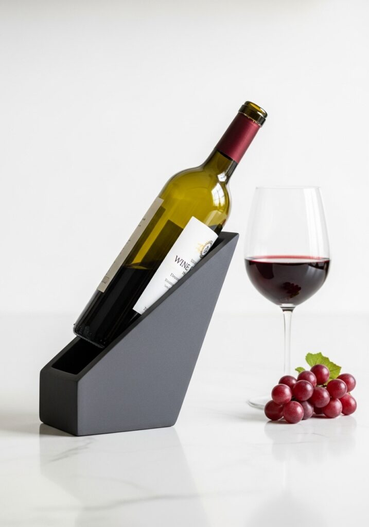 Modern geometric air dry clay wine bottle holder in charcoal gray on counter
