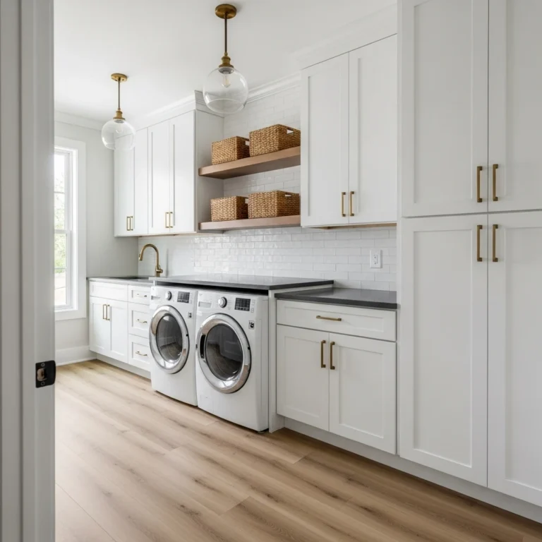 Modern organized laundry room with white cabinets and storage solutions