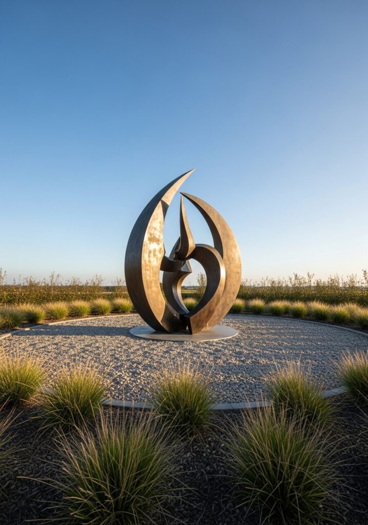 Modern abstract metal sculpture in weathered bronze creating striking garden focal point surrounded by grasses