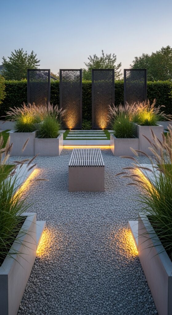 Contemporary minimalist backyard garden with geometric planters and ornamental grasses