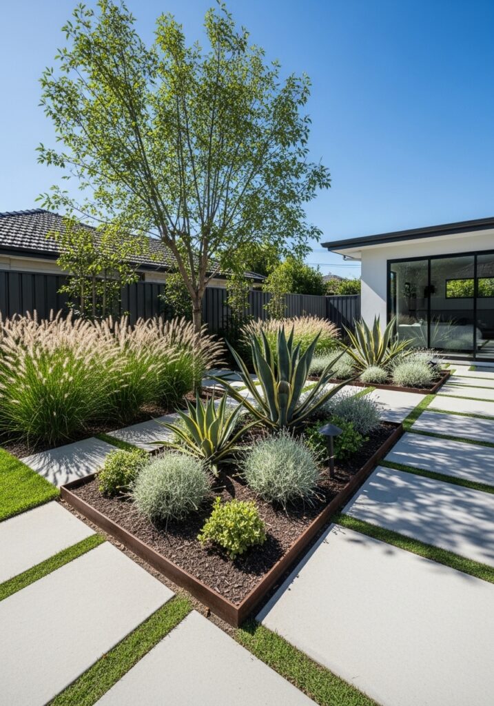 Modern minimalist garden with architectural plants, clean lines, and concrete pavers