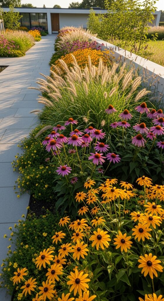 Ornamental grasses mixed with purple coneflowers and black-eyed susans creating modern garden border