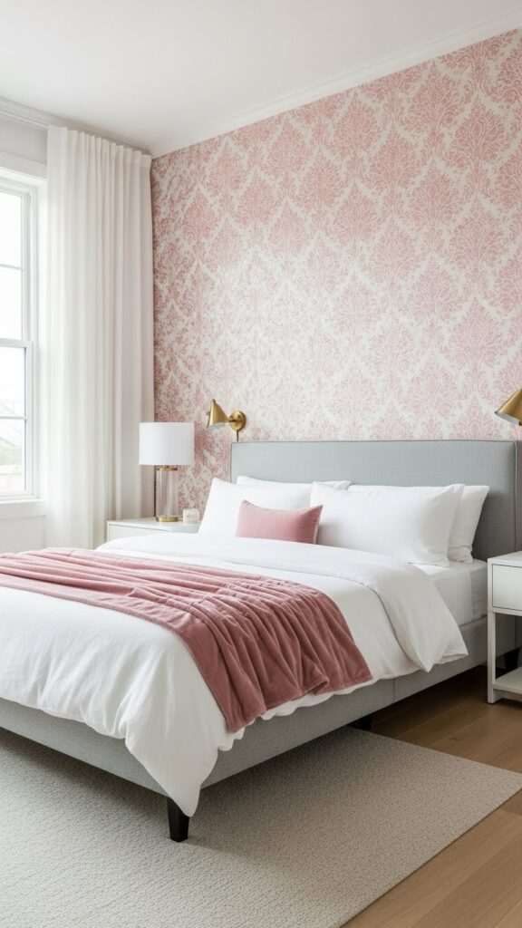 Fresh modern bedroom with updated pink damask wallpaper and simple furniture
