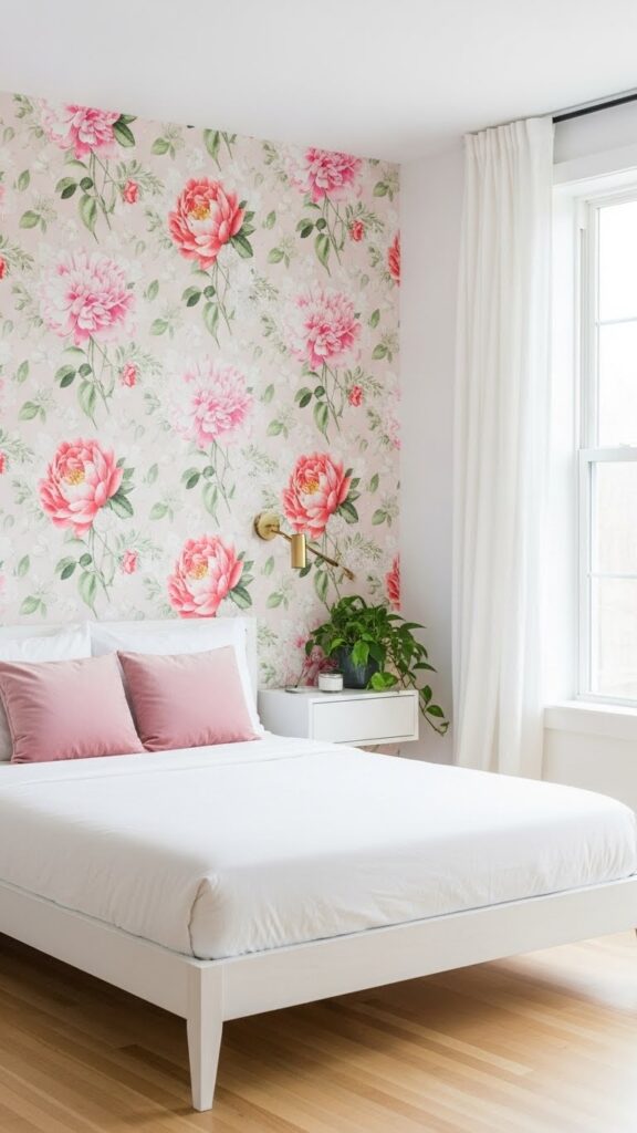 Modern bedroom with pink floral wallpaper and simple minimal furniture
