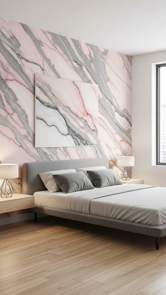  Modern pink marble effect wallpaper accent wall with realistic veining in contemporary bedroom