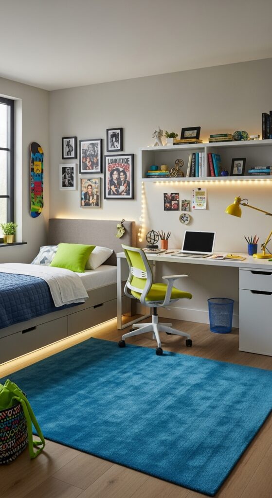 Modern teen bedroom with contemporary furniture, bold colors, and functional desk area