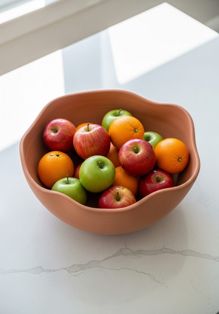 Large modern terracotta air dry clay fruit bowl with organic shape filled with fruit