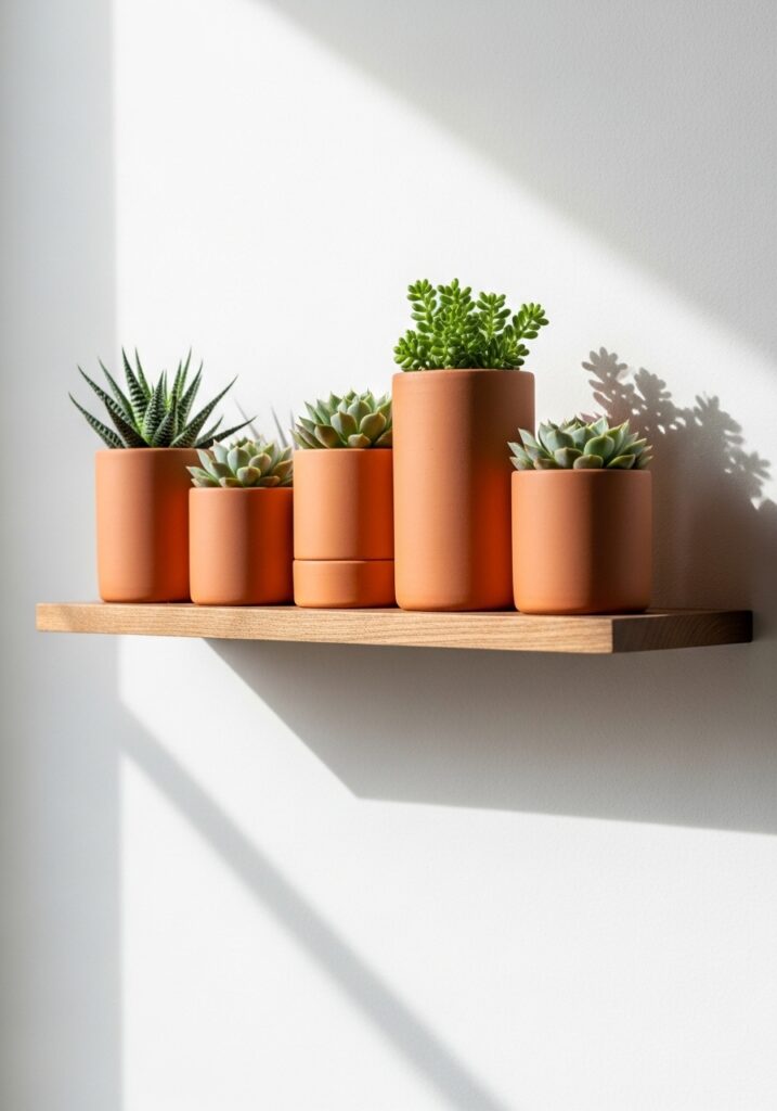 Row of modern cylindrical terracotta air dry clay planters with succulents on shelf