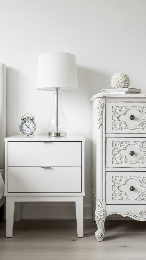 Modern white nightstand paired with vintage white dresser showing eclectic furniture mixing in bedroom