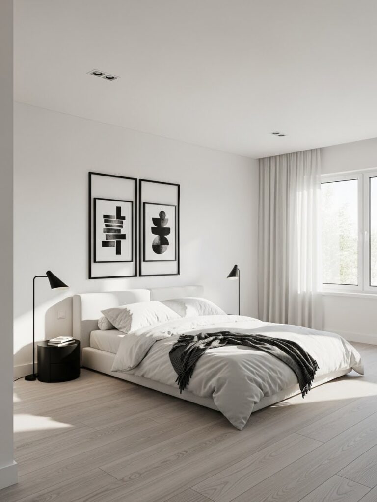 Modern white bedroom featuring black accents for contrast