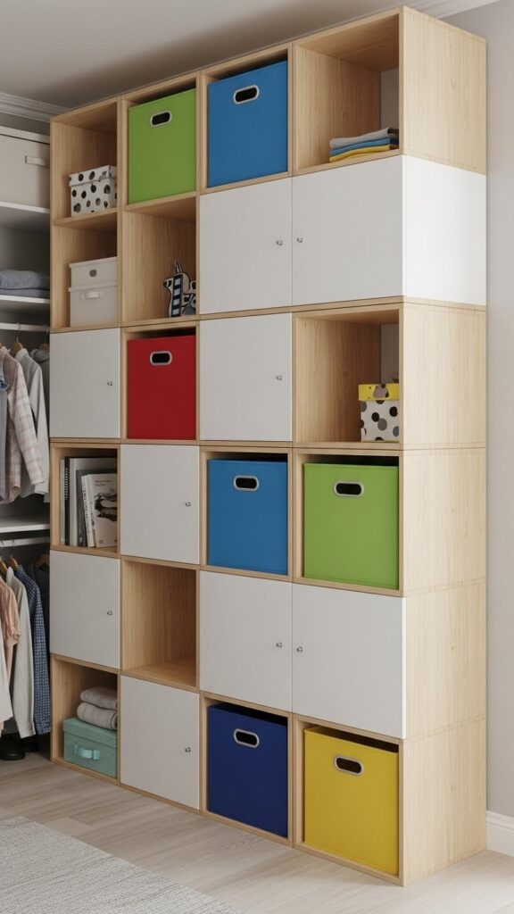  Freestanding modular cube storage in apartment kids closet providing flexible organization without permanent installation