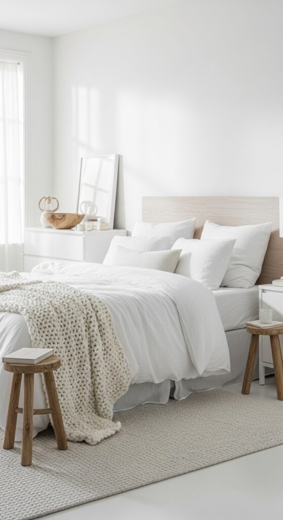 All-white monochromatic bedroom with varying textures creating sophisticated calm space
