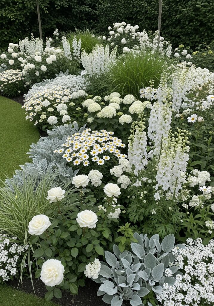 Monochromatic white garden design with varied textures in single color scheme