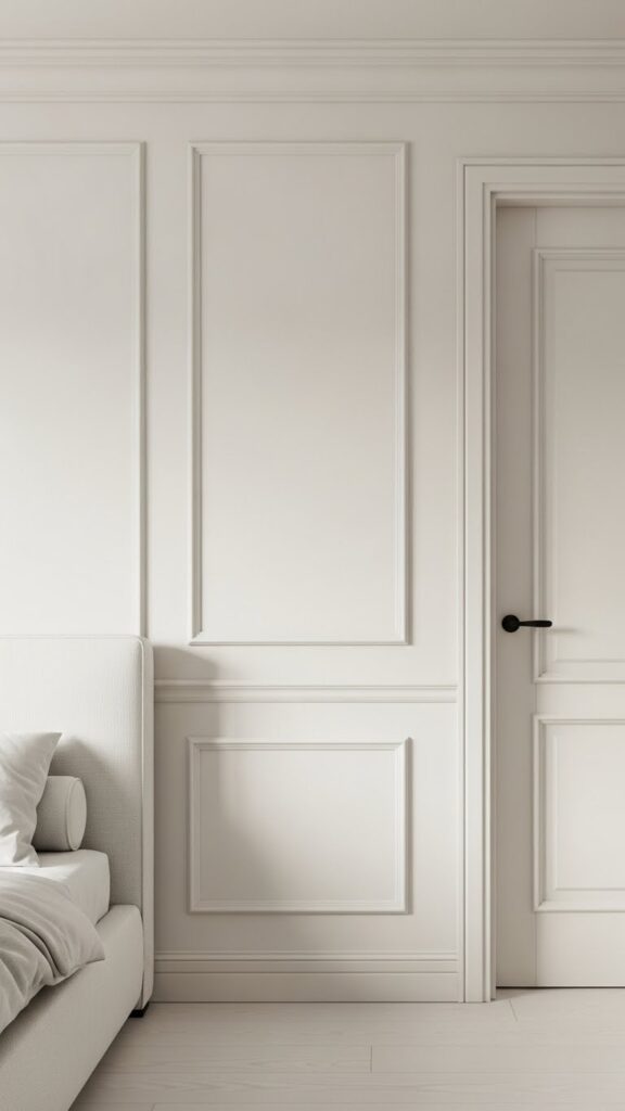 Bedroom corner with walls and trim painted matching soft white creating seamless flowing look