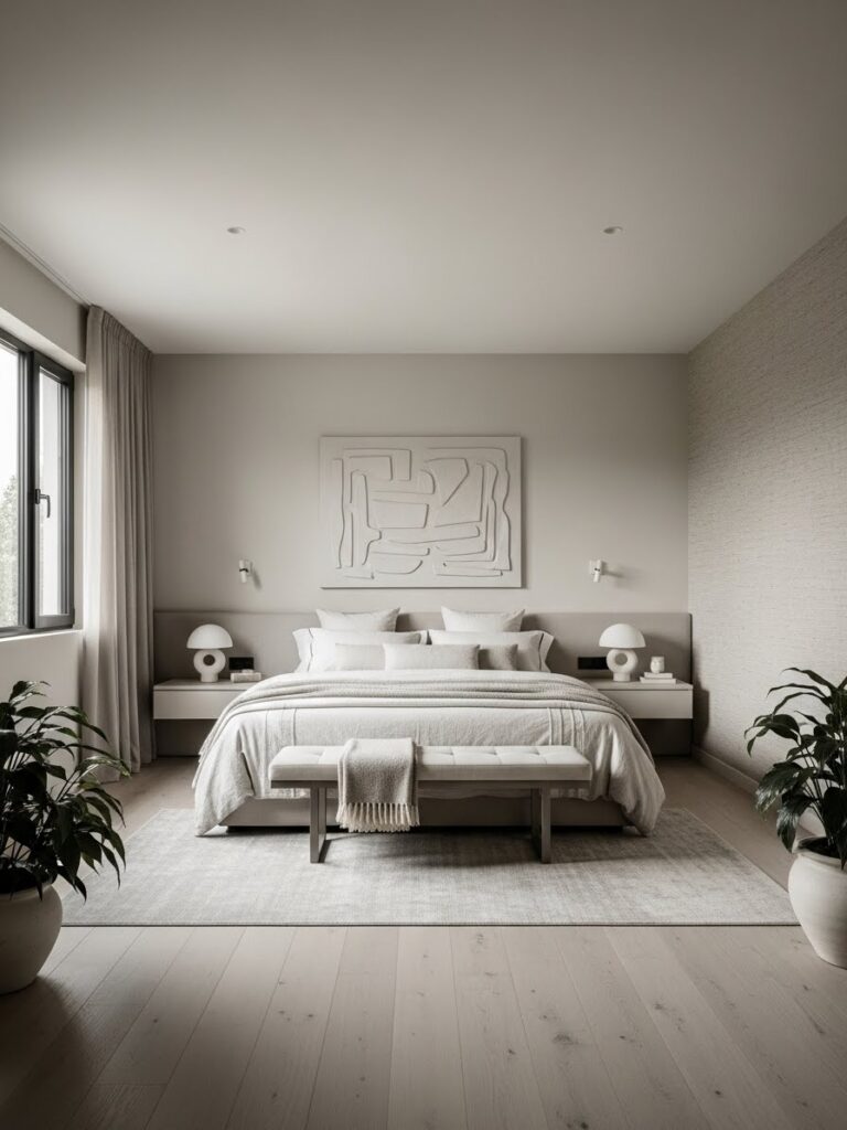 Monochrome neutral bedroom color palette with a clean modern full room view