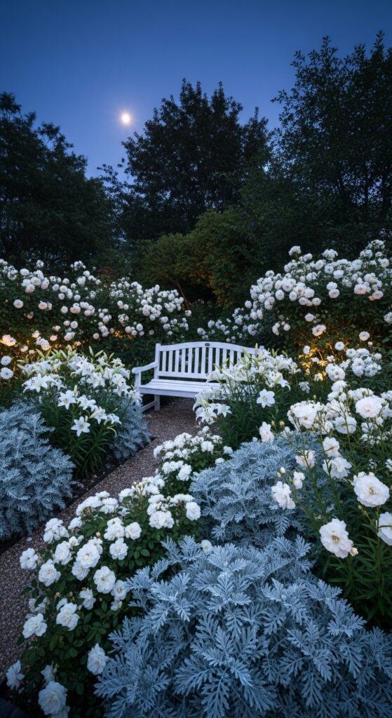  Moonlight garden featuring white flowers and silver foliage glowing at twilight