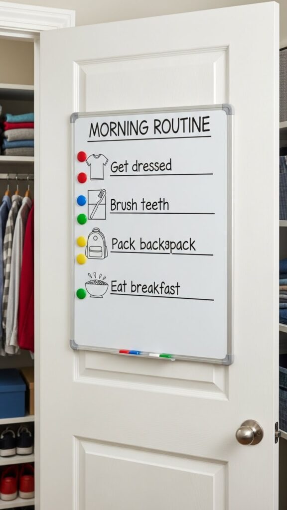 Morning routine checklist board mounted inside kids closet door with visual task list