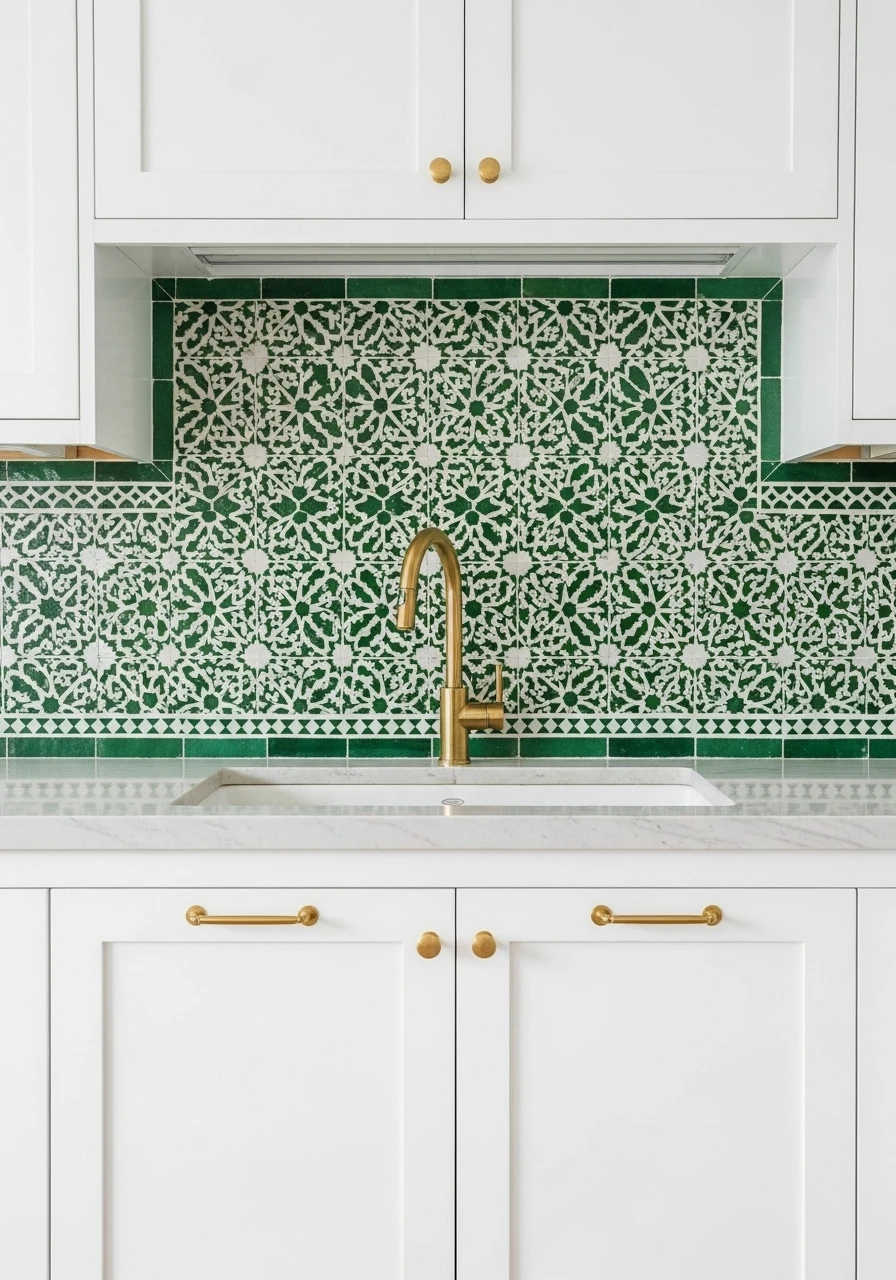 Emerald green Moroccan zellige tile kitchen backsplash with white cabinets