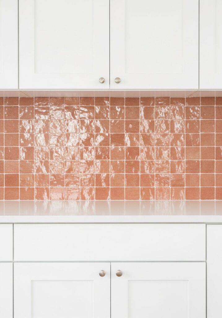 Handmade terracotta zellige tile kitchen backsplash with textured surface