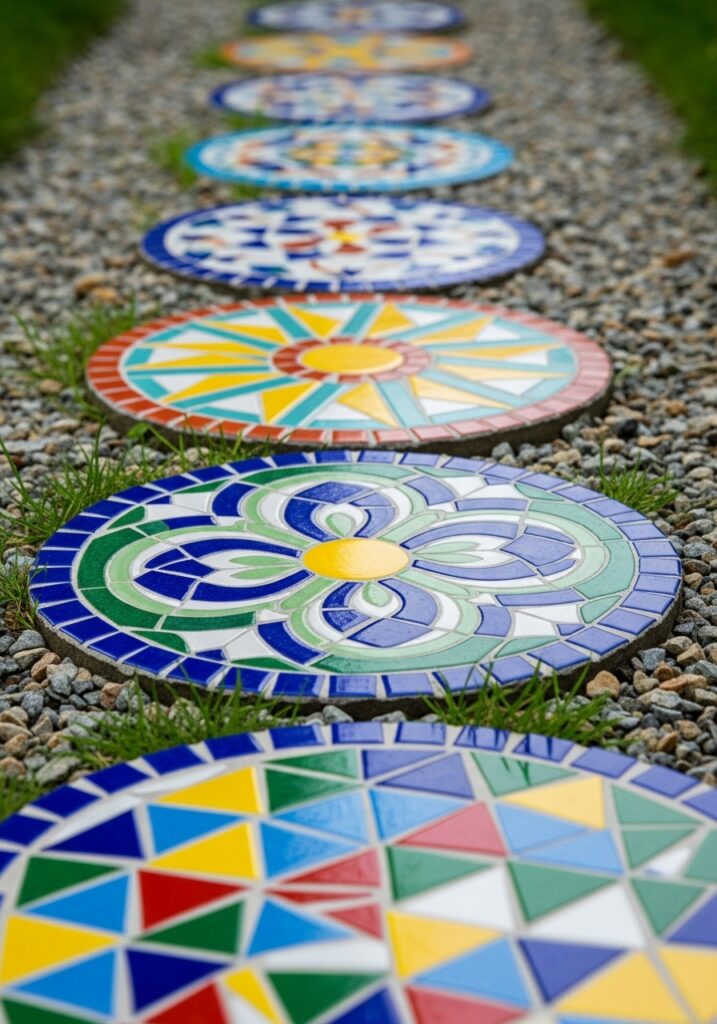Handmade mosaic stepping stones with colorful tile patterns creating artistic garden pathway