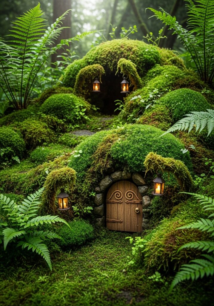 Moss-covered fairy grotto built into garden hillside