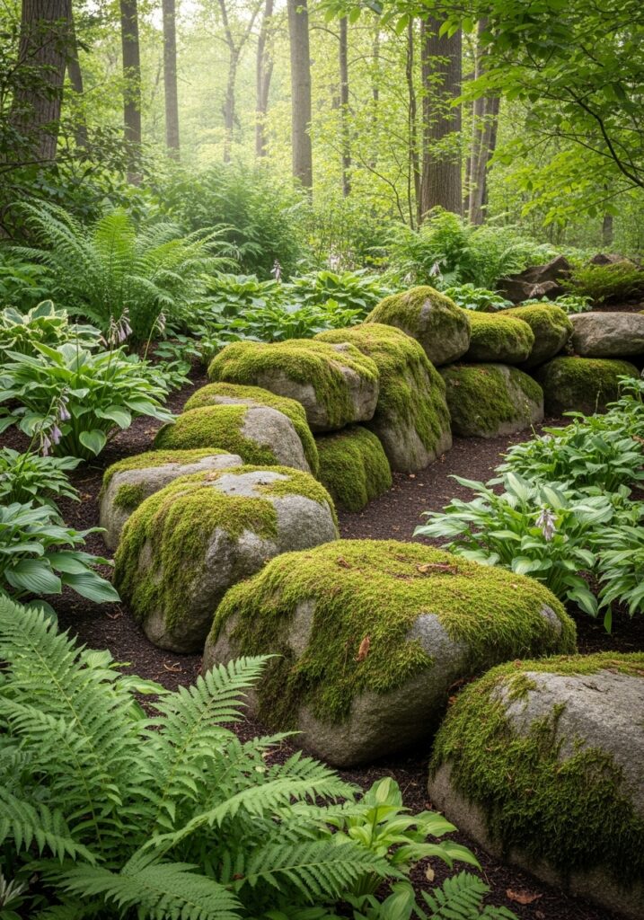 Large moss-covered boulders creating naturalistic woodland garden border