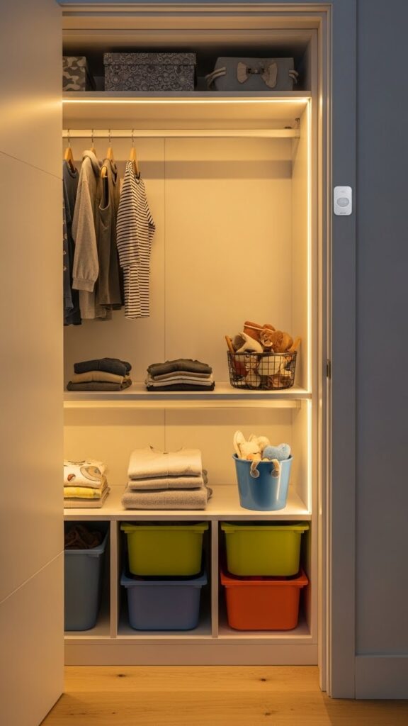 Motion-sensor LED lights installed in kids closet for automatic illumination during morning routines