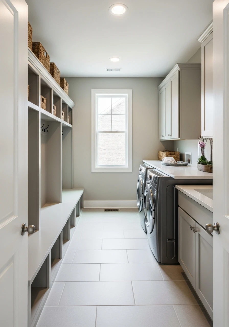 Combined mudroom and laundry room with bench and storage