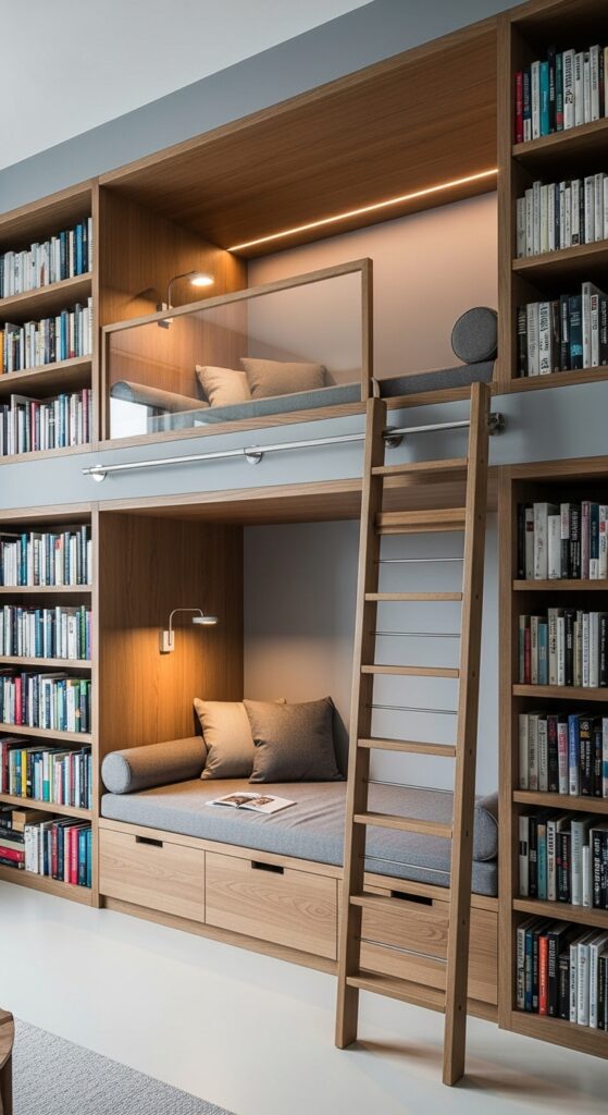 Multi-level built-in reading nook with upper loft and lower bench seating plus integrated bookshelves