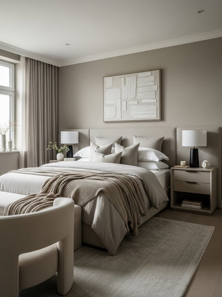 Mushroom and beige bedroom color palette with a modern full room interior