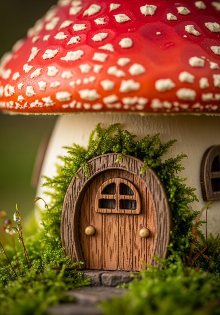Red and white spotted mushroom fairy house with tiny door