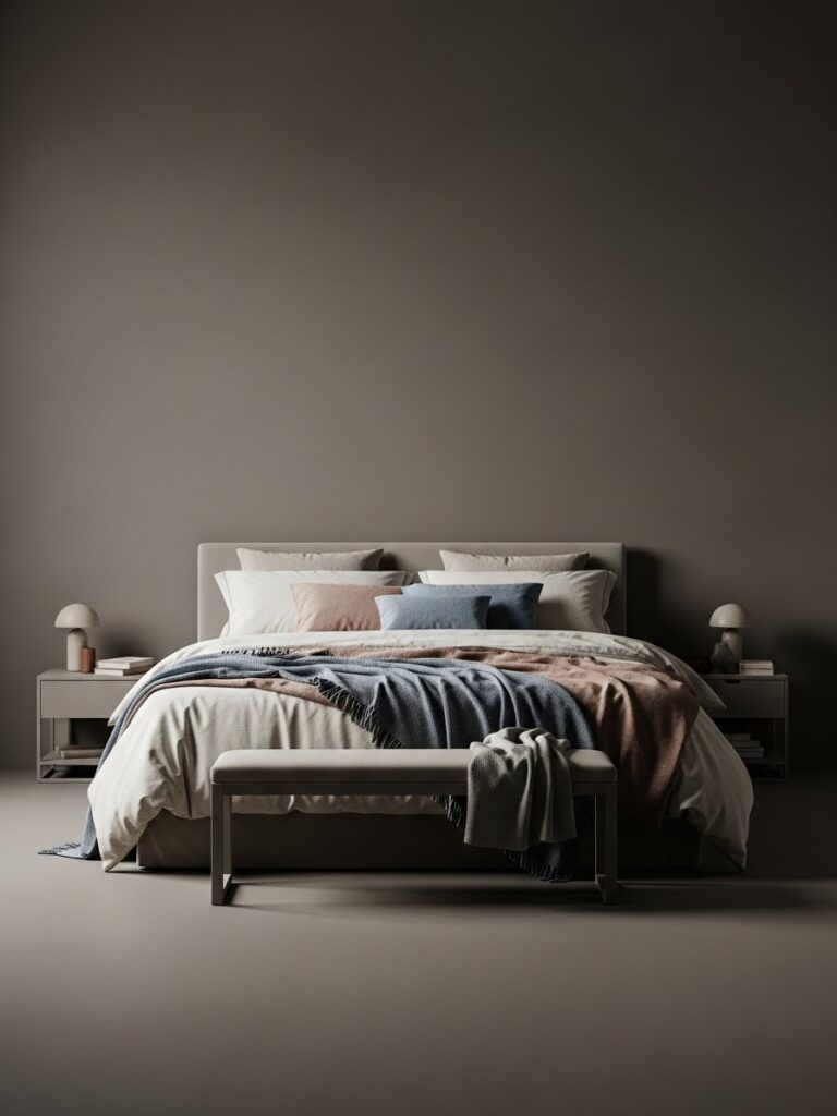 Mushroom tone neutral bedroom palette with modern minimalist styling