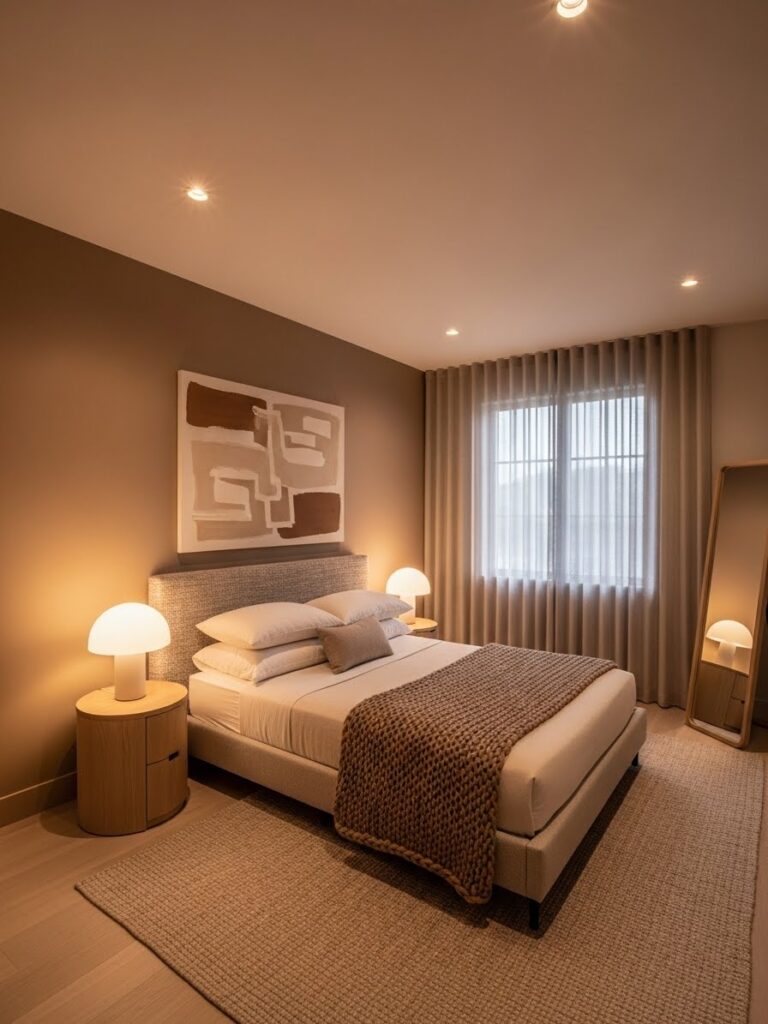 Modern bedroom with mushroom tone and beige color palette