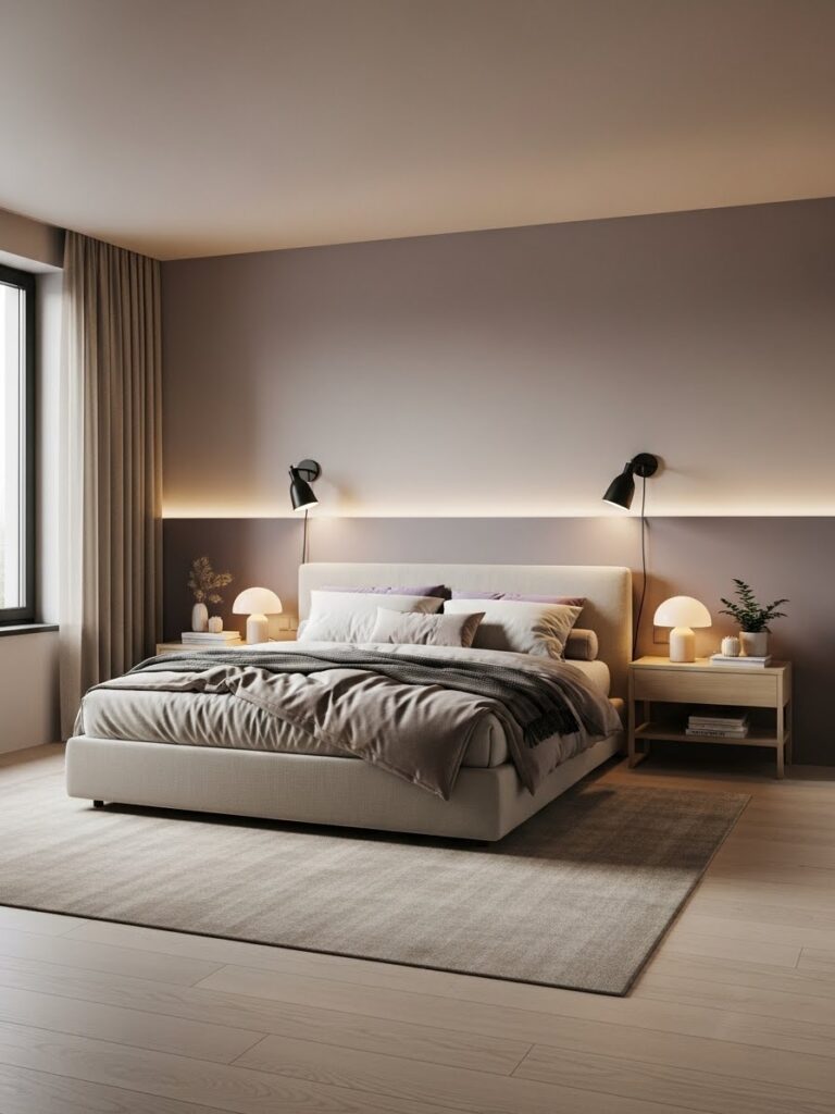 Muted lavender and neutral bedroom color palette with a calm modern full room view