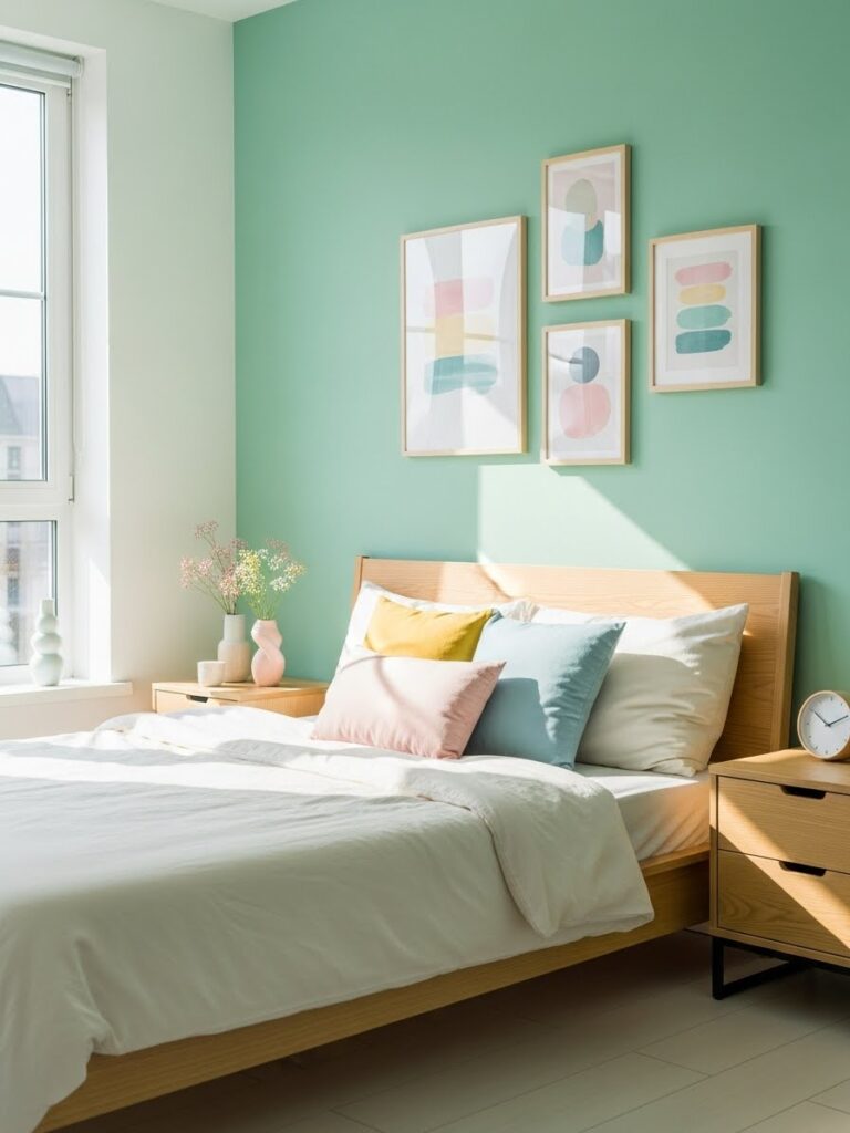 Muted mint and off-white soft aesthetic bedroom with fresh modern look