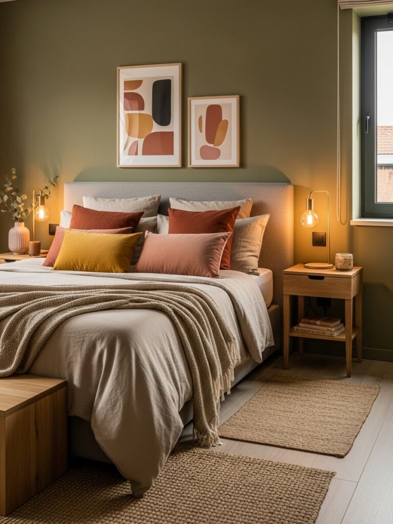 Muted olive and beige bedroom with colorful earthy accents