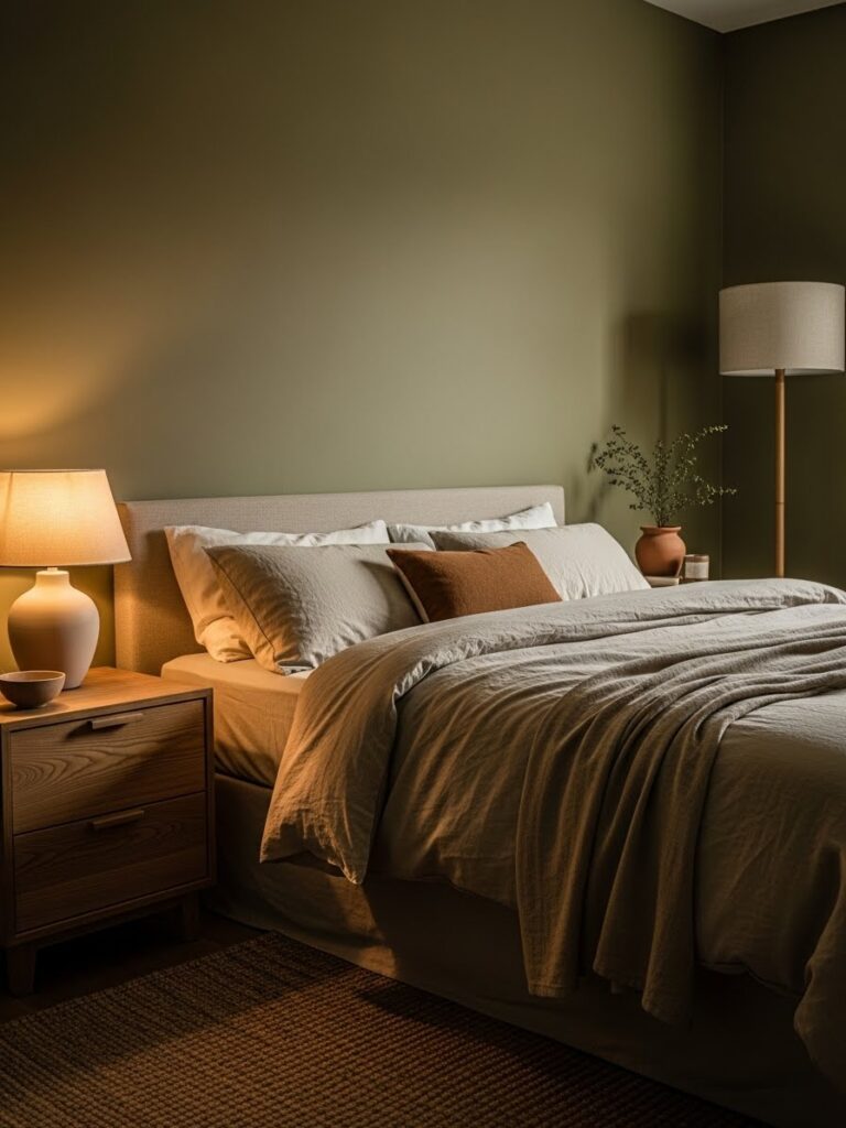 Muted olive and soft beige bedroom with earthy calm aesthetic