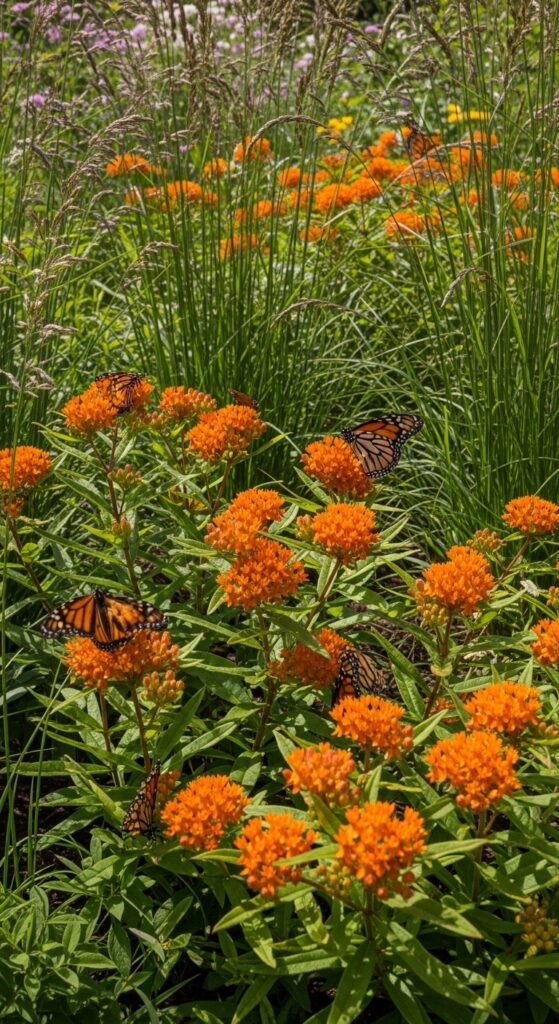 Orange butterfly weed blooming with prairie grasses and monarch butterflies in native garden