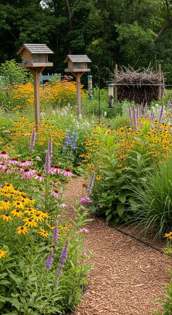 Wildlife-friendly native plant garden with wildflowers, grasses, and natural habitat features