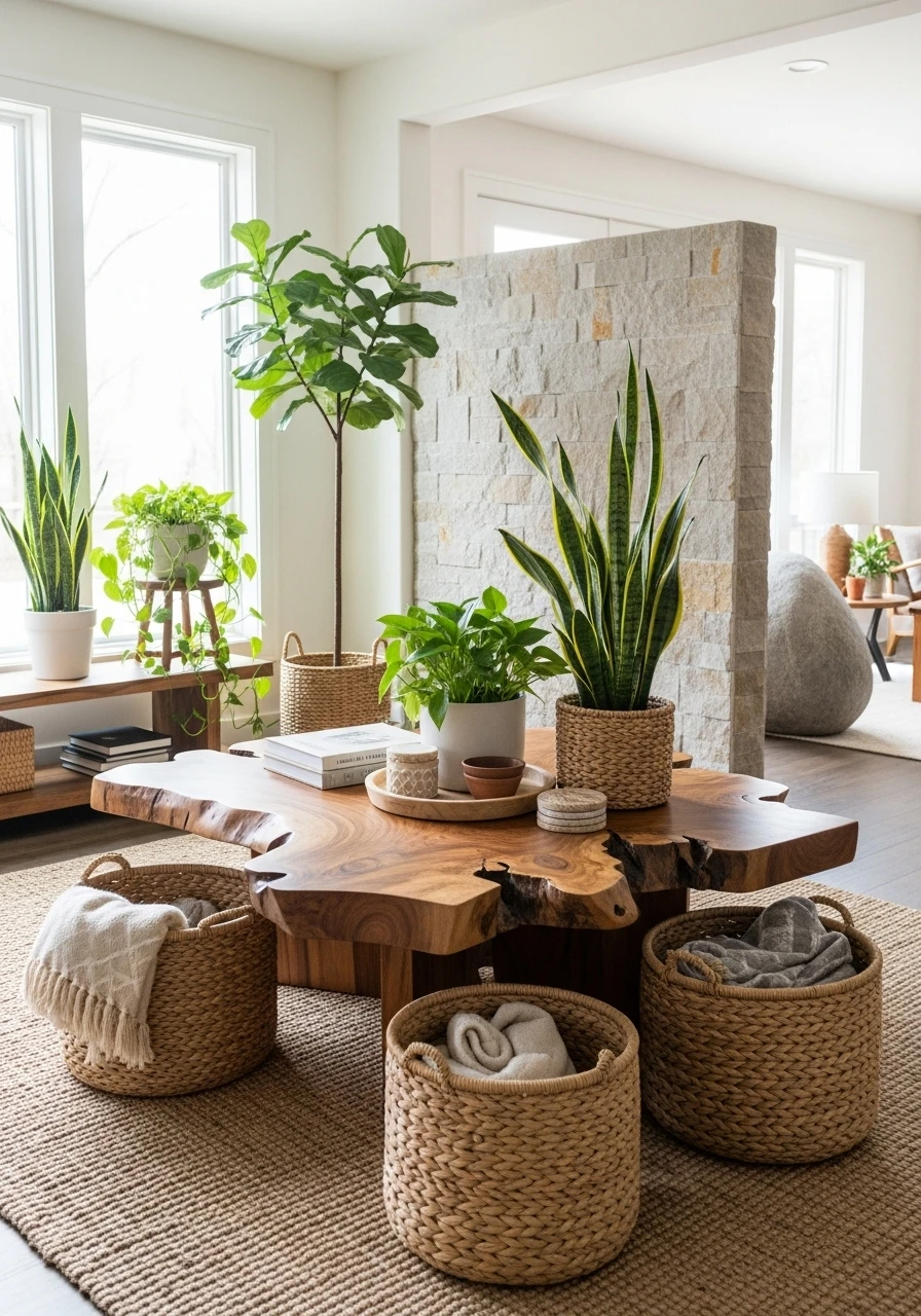 Living room incorporating natural elements with plants and wood
