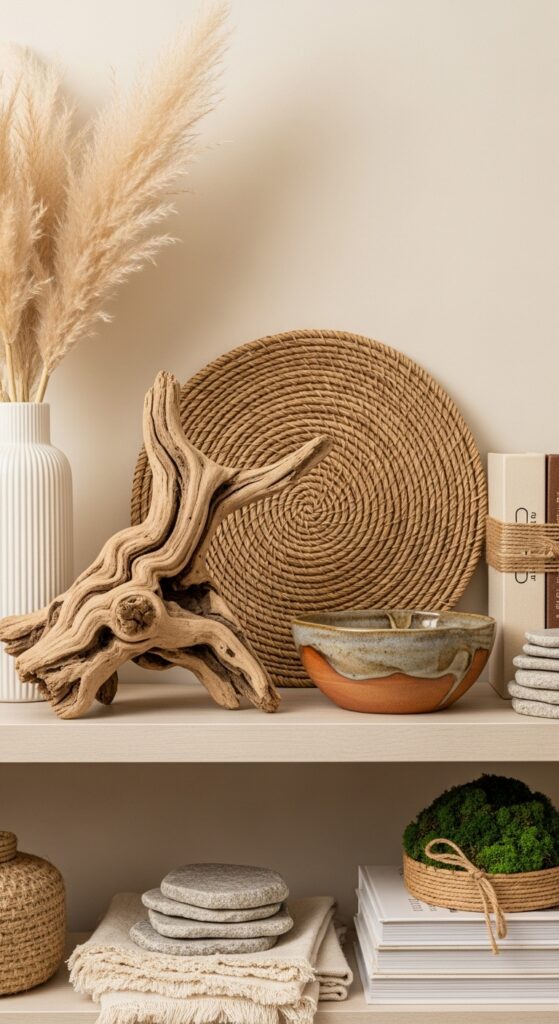 Natural elements like wood, baskets, and plants styled together showing organic textures

