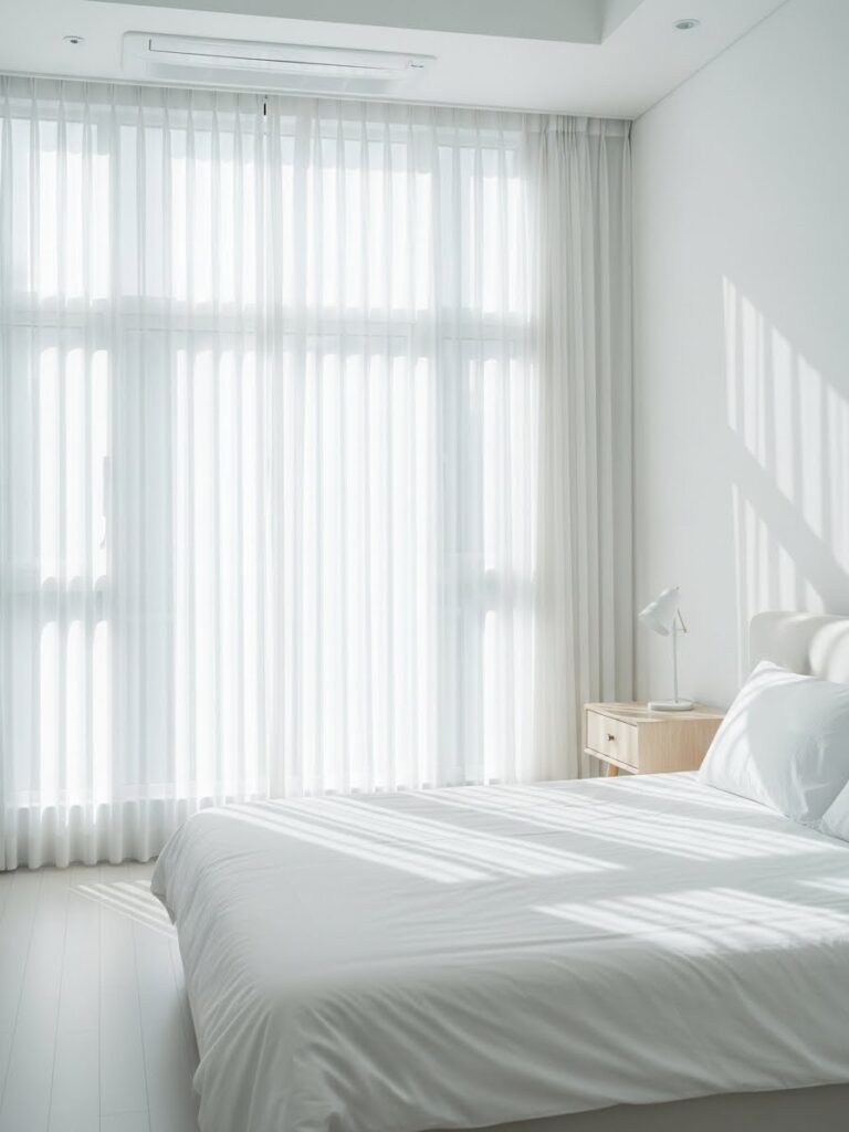 White minimalist bedroom filled with natural light and an airy atmosphere