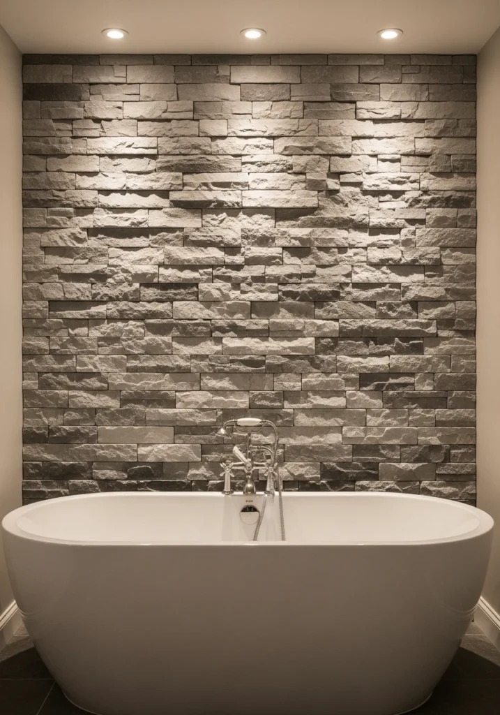 Natural stacked stone accent wall behind freestanding bathtub