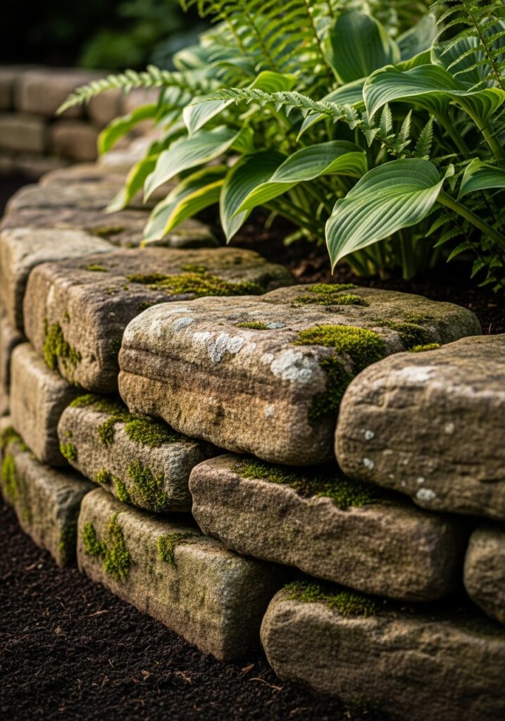 Natural fieldstone stacked border creating rustic garden edge