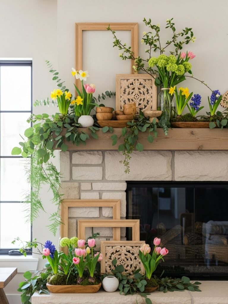 Spring mantel decor styled with natural wood elements and fresh greenery