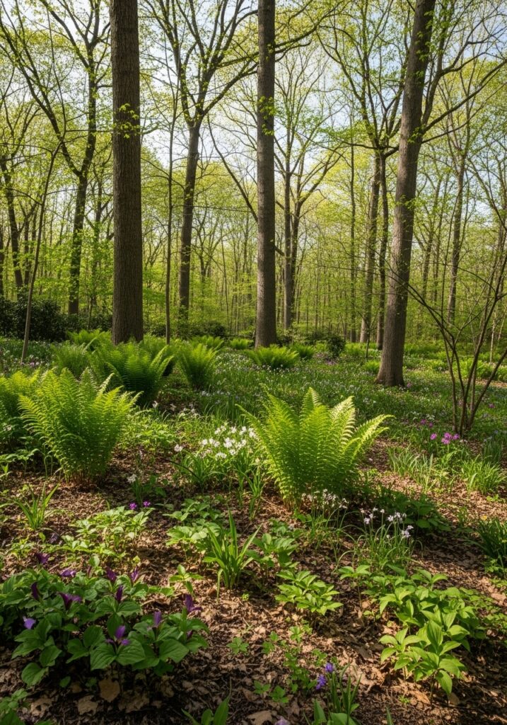 Naturalistic woodland garden with native plants and ferns under tree canopy

